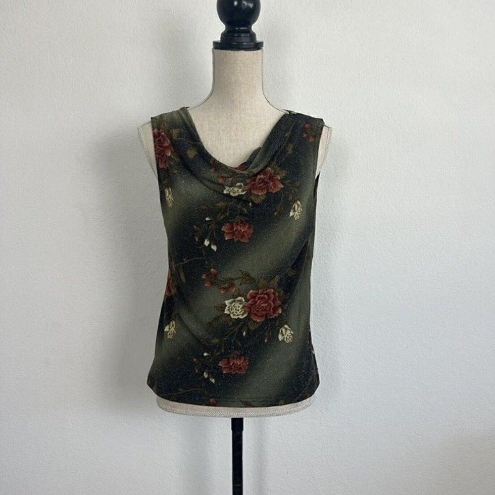 Western Collection Womens Vintage Y2K Green Floral Sleeveless Cowl Neck Blouse M